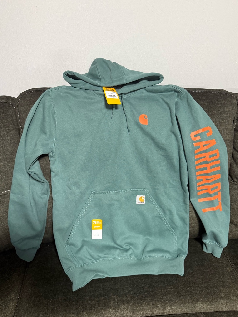 Carhartt Men's Crewneck Rain Defender Hoodie in Teal with Orange Logo